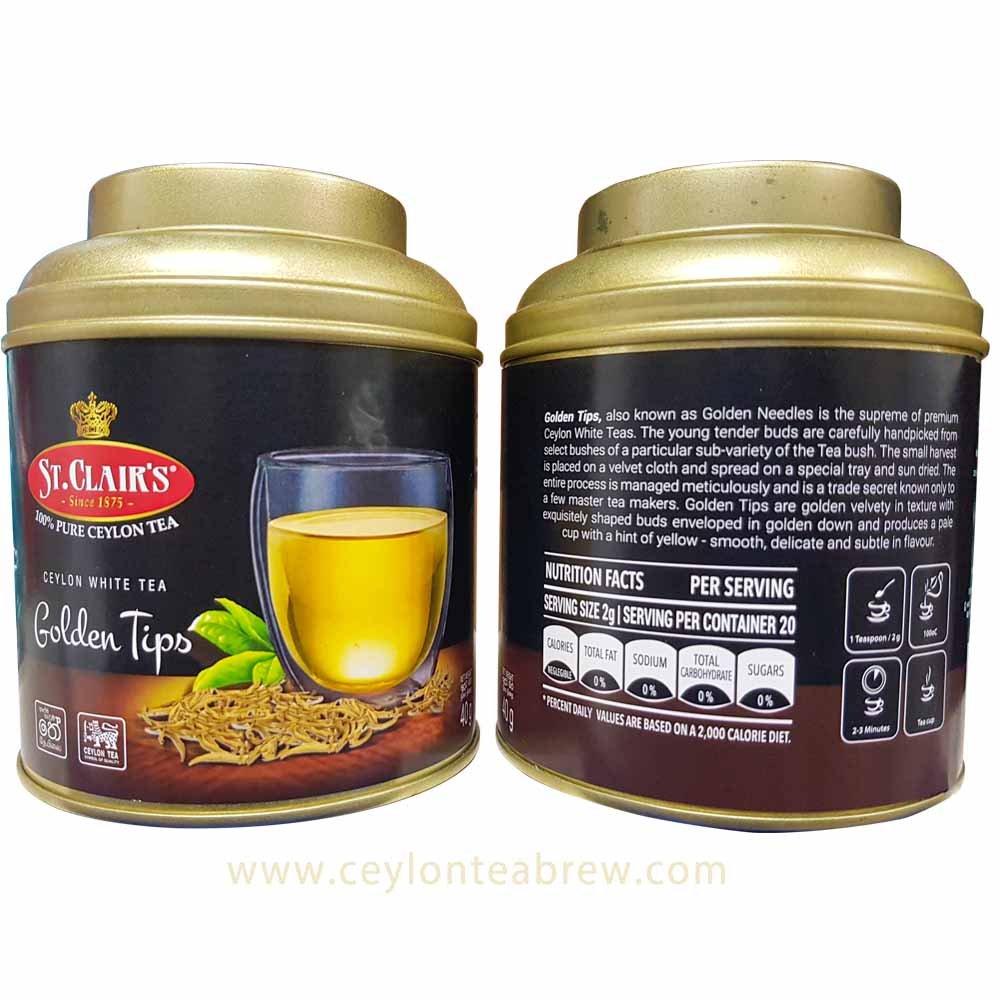 St clairs Pure Golden tips white tea in caddy